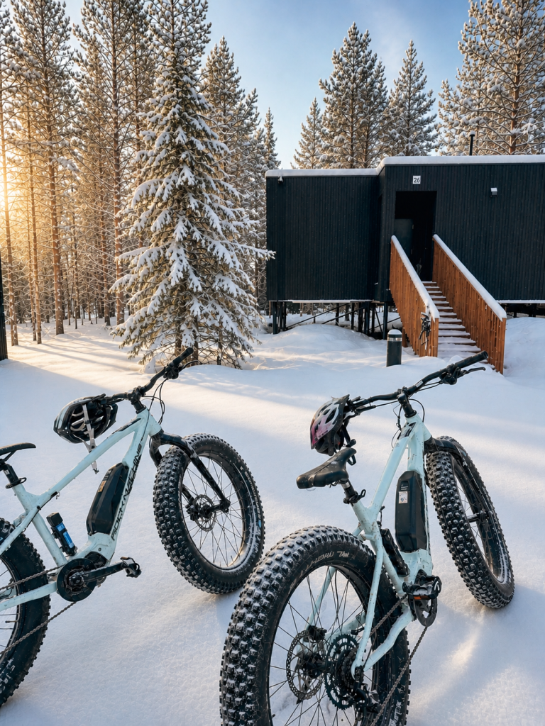 Fatbike prepared for a winter ride through Finnish Lapland.