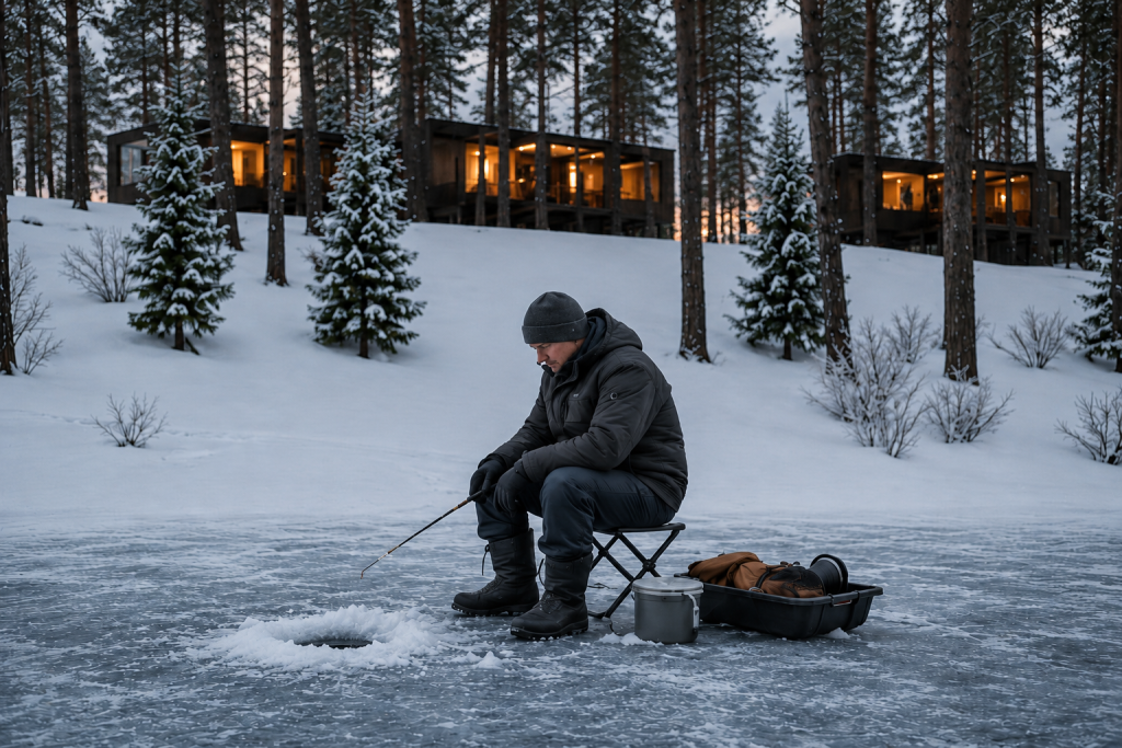 Ice fishing equipment beside a frozen river in Finnish Lapland.