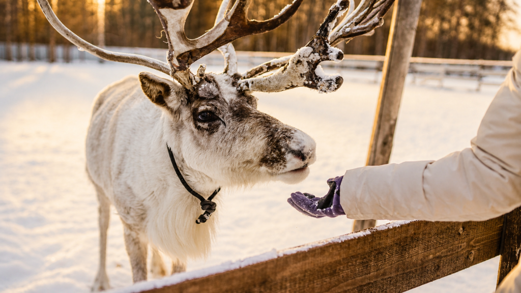 Guest feeding reindeer at a farm in Finnish Lapland.