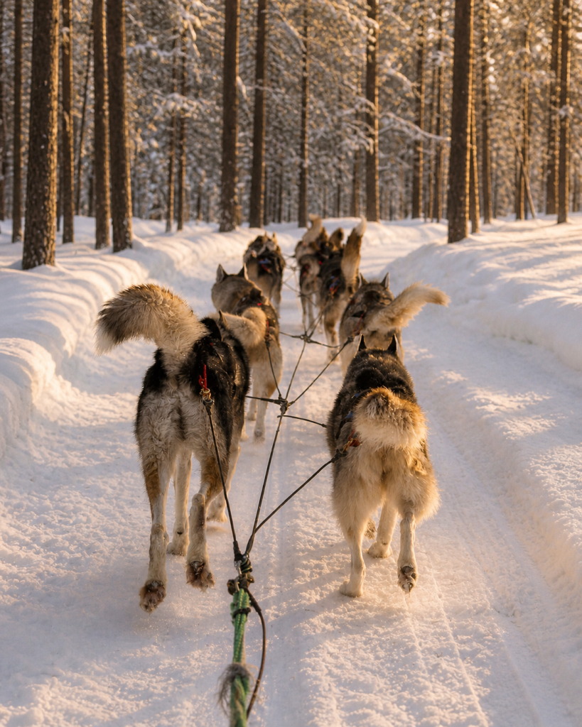 Huskies and reindeer during a winter experience in Finnish Lapland.