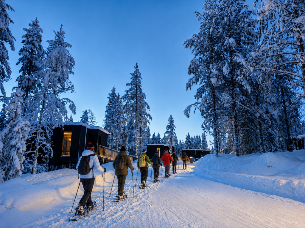 Guest snowshoeing across a snowy landscape in Finnish Lapland.