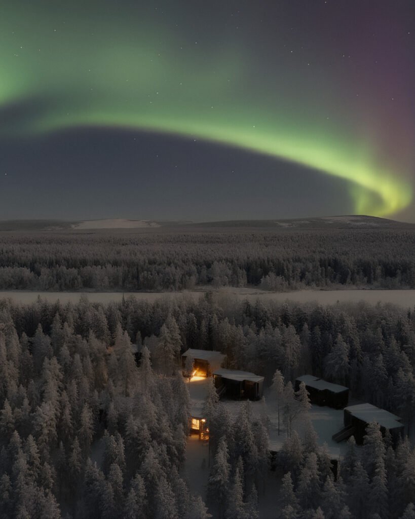 A dark villa glowing beneath the northern lights in a snowy Lapland forest.