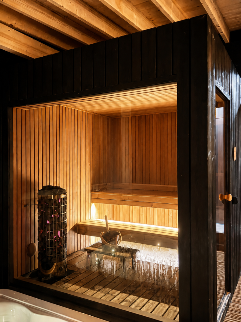 Warm wooden private sauna interior with heater and glass wall beside a terrace.