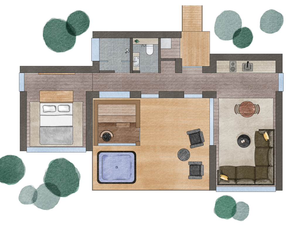 Illustrated floor plan of the Deluxe Villa, including its private sauna and outdoor hot tub.