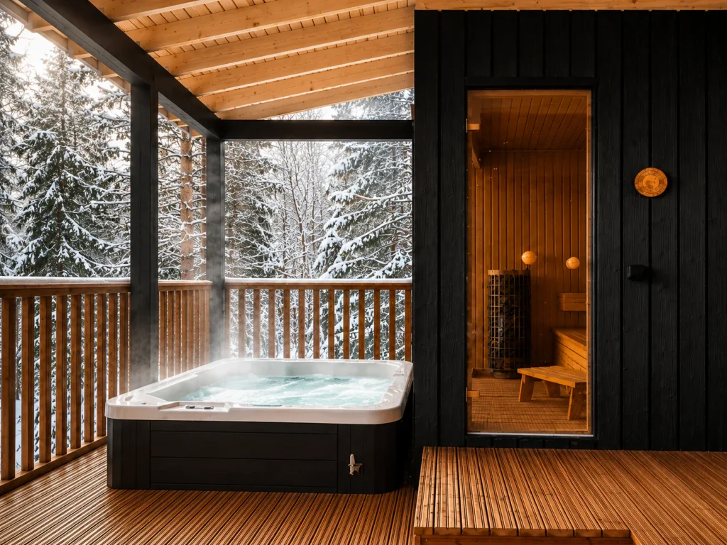 Deluxe Villa private sauna and outdoor hot tub on a snow-covered forest terrace.