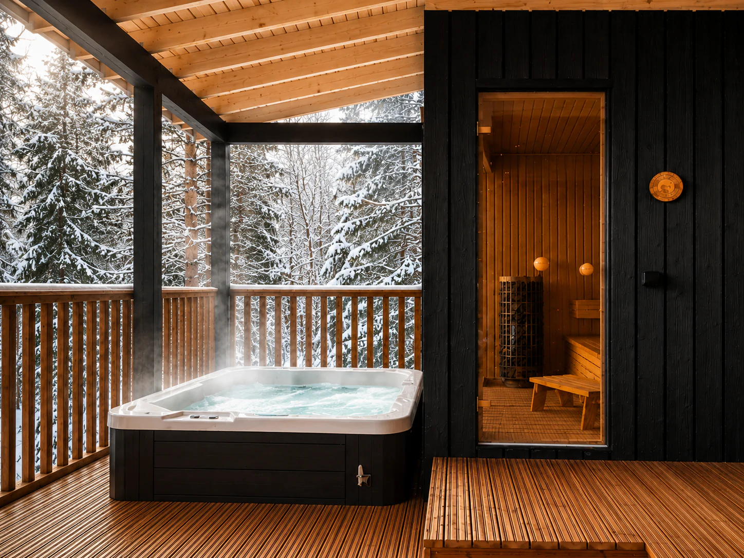 Deluxe Villa private sauna and outdoor hot tub on a snow-covered forest terrace.