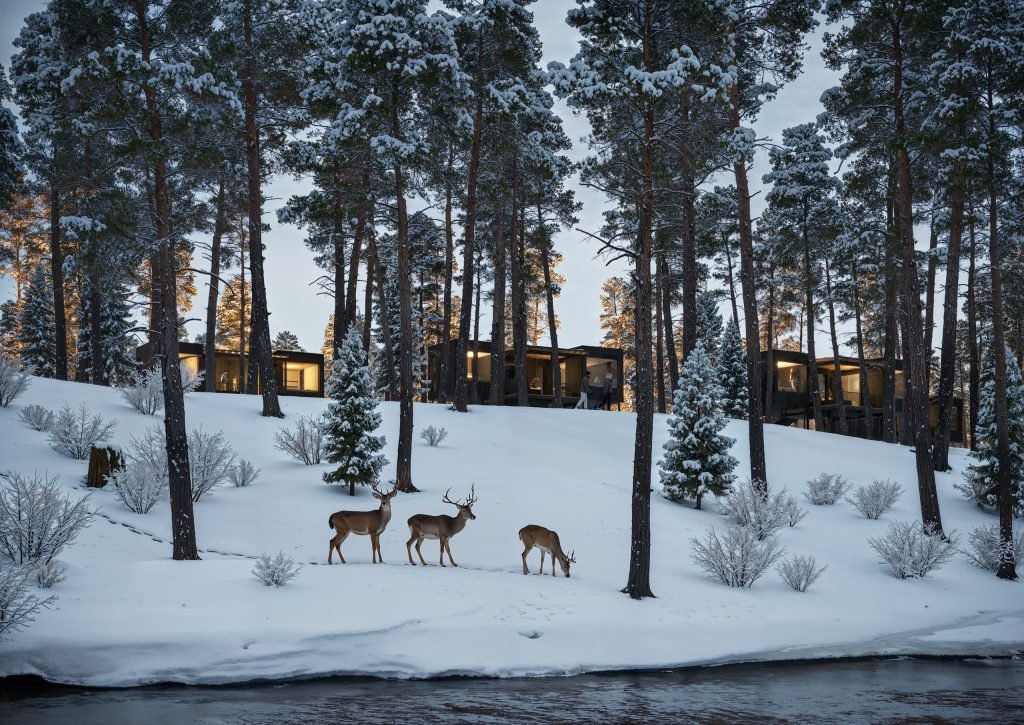 Reindeer crossing a snowy riverside forest below NOA Villas.