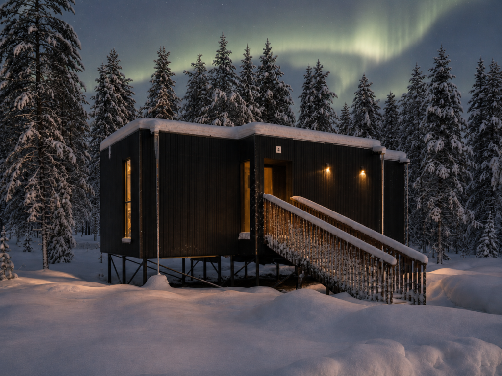 Standard Villa exterior beside a snow-covered path in a Finnish Lapland pine forest.