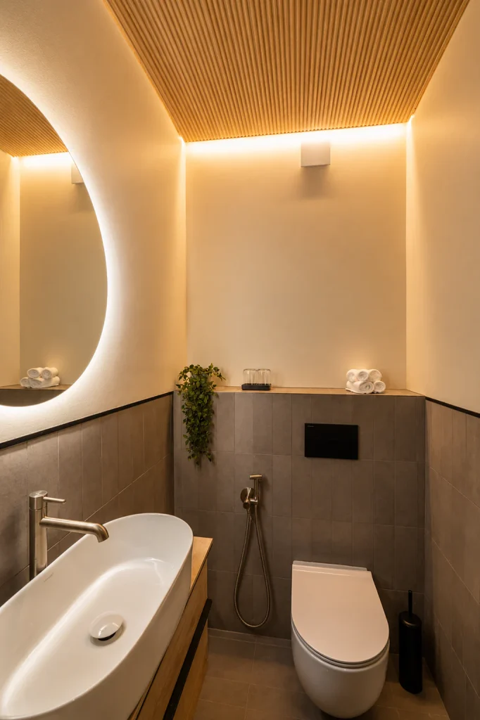 Standard Villa bathroom with a rounded mirror and warm indirect lighting.