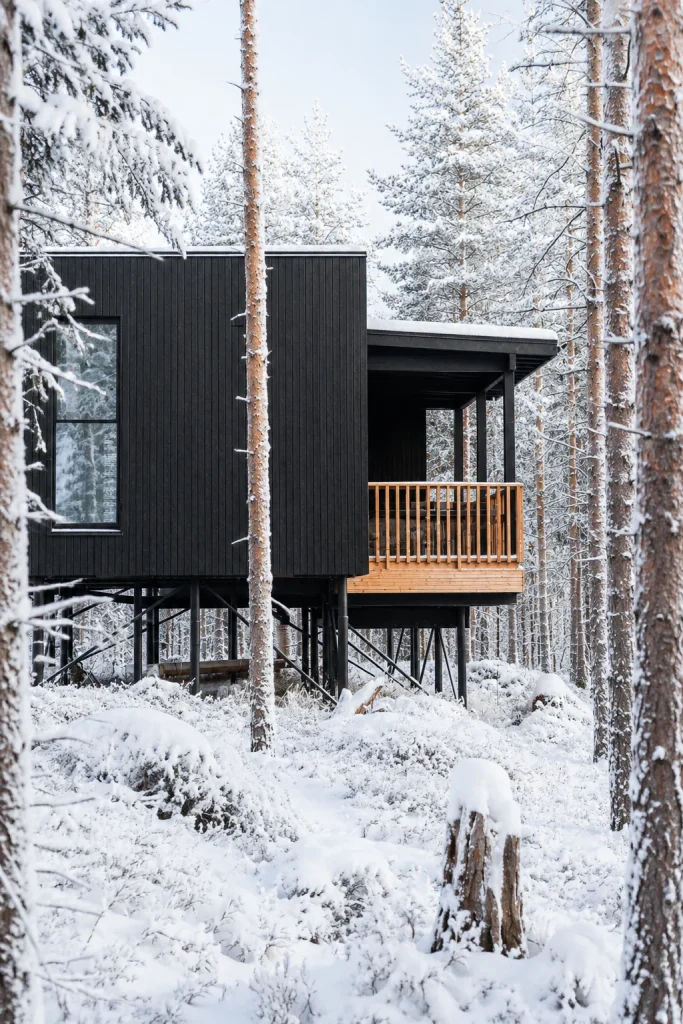 Side view of the Standard Villa and its private terrace among snowy pine trees.