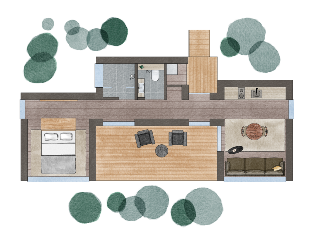 Illustrated floor plan of the Standard Villa and its private forest-facing terrace.