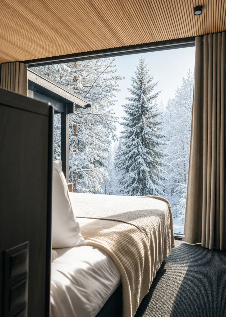 Standard Villa living room with a sofa, dining table and floor-to-ceiling views of the snowy forest.