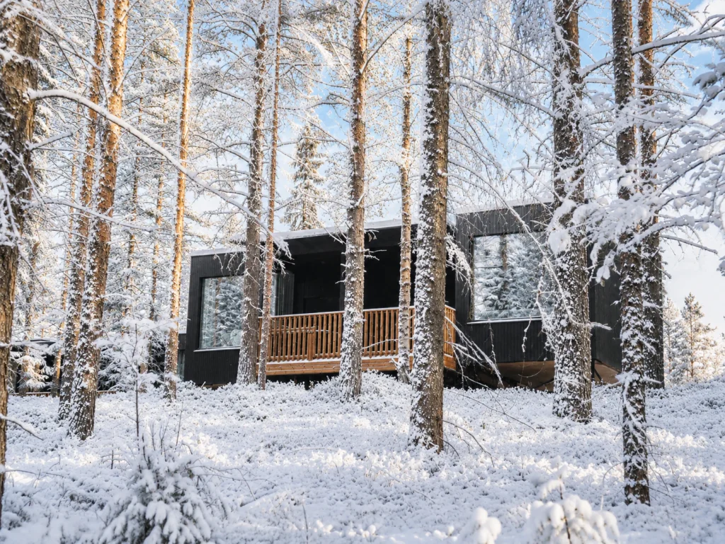 Deluxe Villa exterior surrounded by snow-covered pine trees in Finnish Lapland.