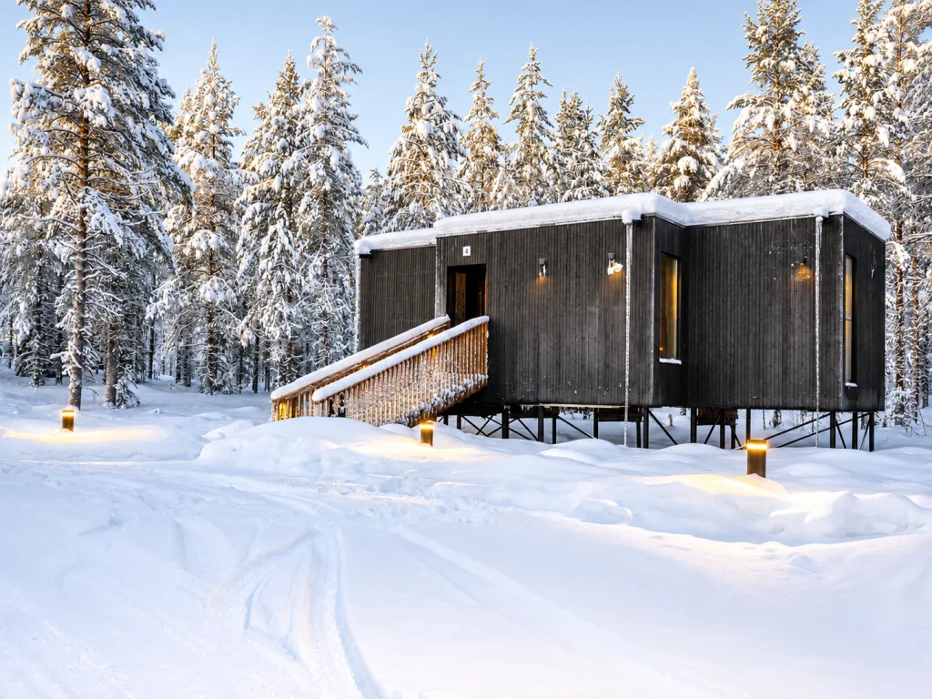 Superior Villa exterior beside a snow-covered path in a Finnish Lapland pine forest.