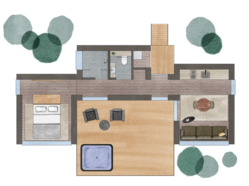 Illustrated floor plan of the Superior Villa and its private outdoor hot tub terrace.