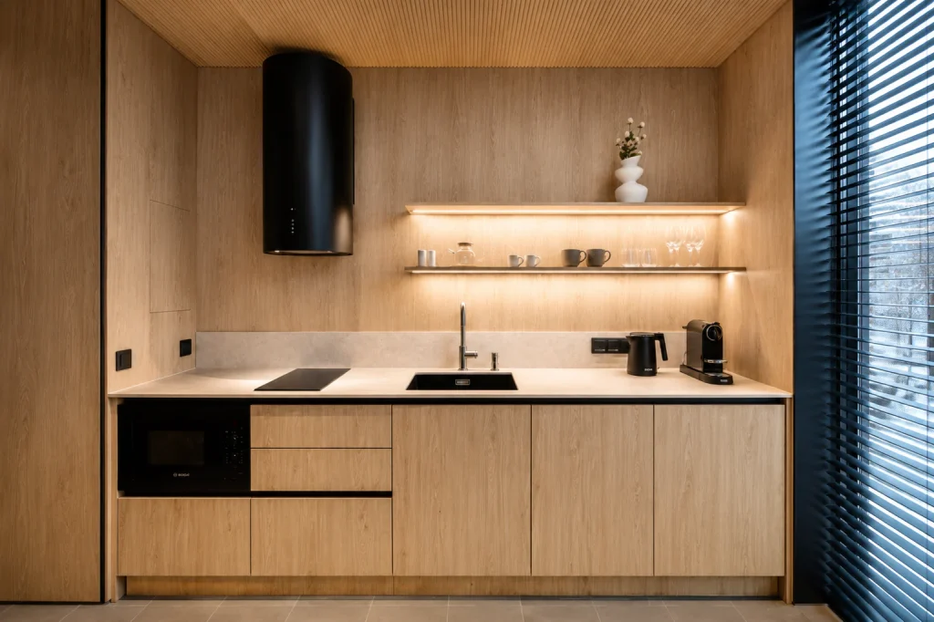 Superior Villa kitchen with light timber cabinetry and a wide forest-facing window.