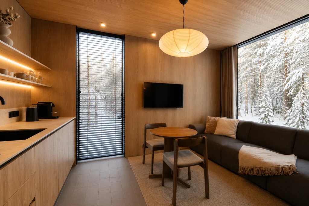 Superior Villa living room and kitchen with warm timber interiors and forest views.