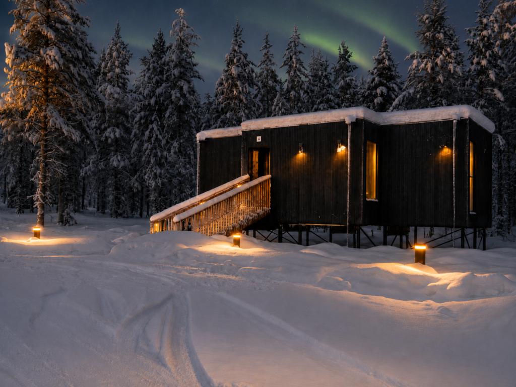 Superior Villa exterior and private terrace seen through snow-covered trees in Finnish Lapland.