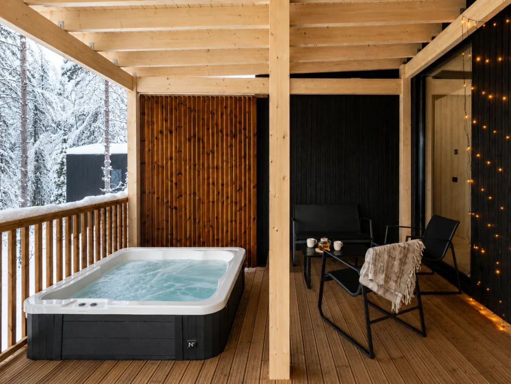 Private outdoor hot tub on the covered Superior Villa terrace overlooking the snowy forest.