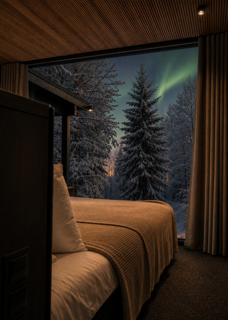 Standard Villa living room with a sofa, dining table and floor-to-ceiling views of the snowy forest.